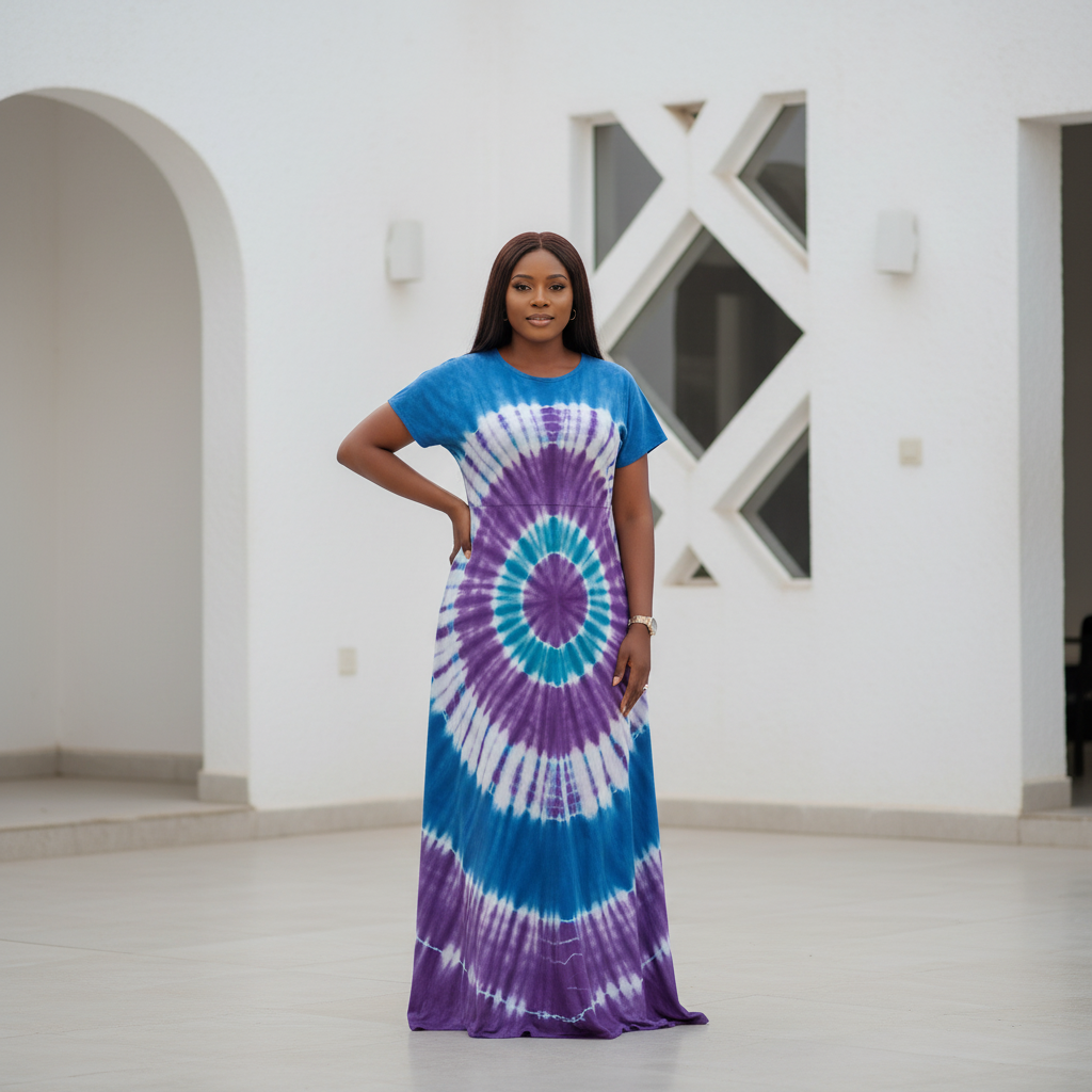 Blue Purple Tie-Dye Swirl Maxi Dress - Front Model View