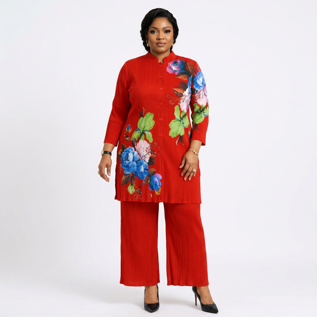 Black adult model wearing a red floral tunic and cropped wide-leg trousers
