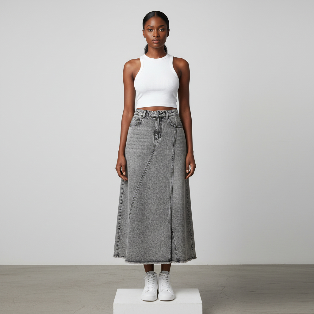 Grey Acid-Wash High-Rise Maxi Denim Skirt - Model Front