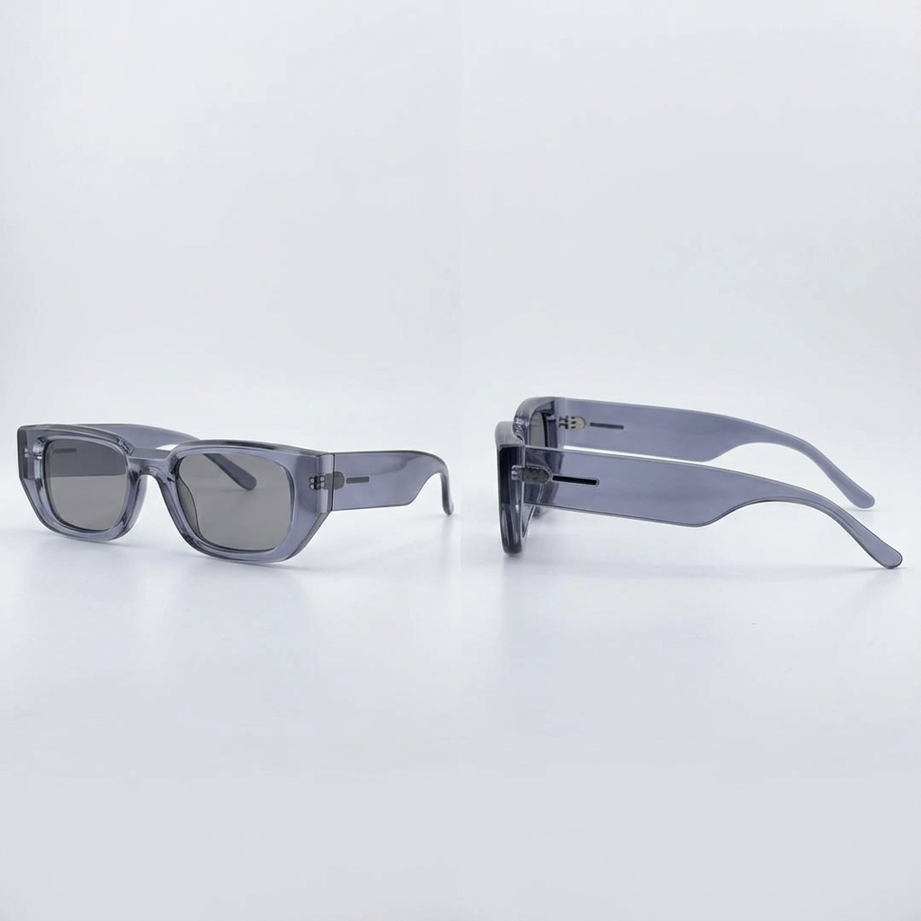 Front and side views of chunky translucent smoke-grey rectangular glasses
