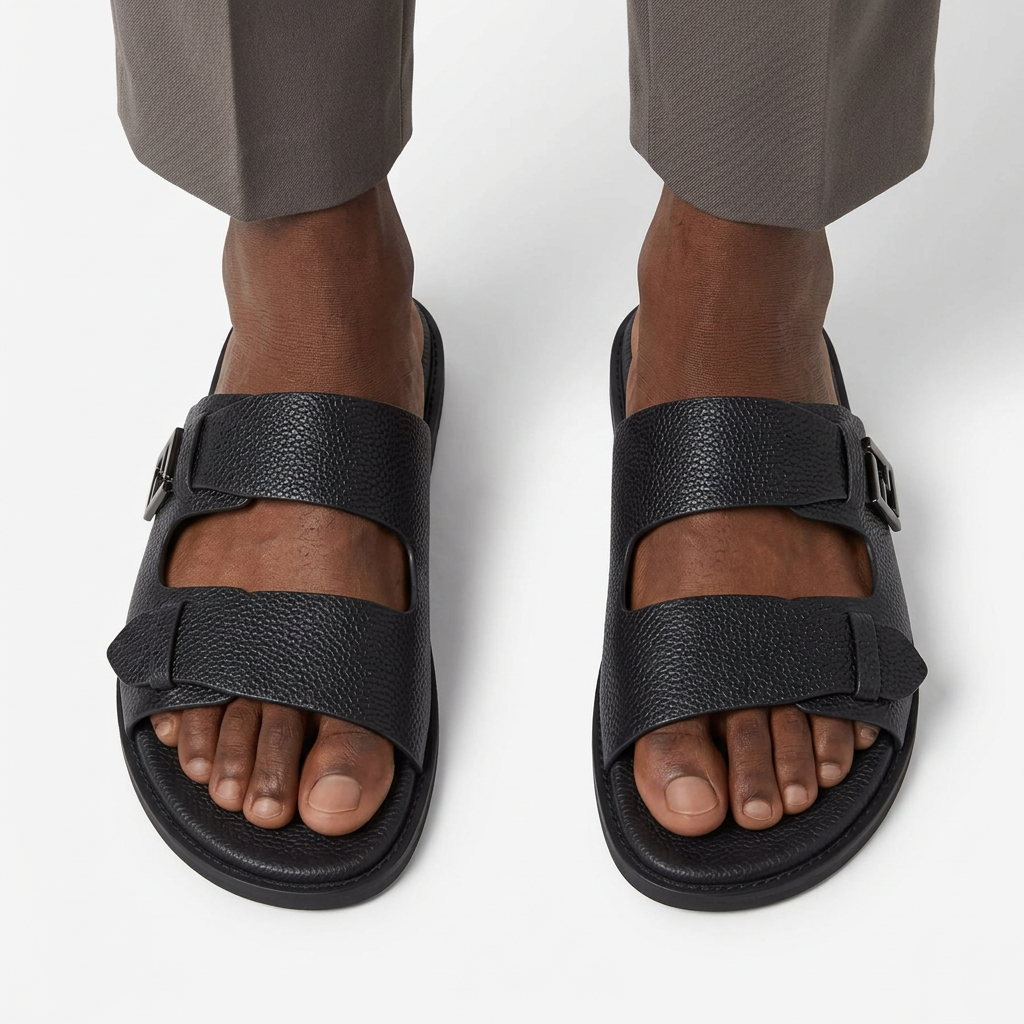 Both black double-strap slides worn by a Black male model on white