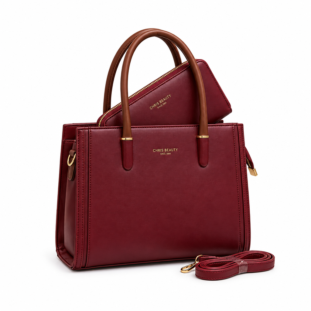 Burgundy tote with brown handles matching wallet and detachable strap