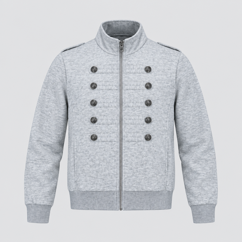 Men's light grey button-detail zip jacket ghost mannequin