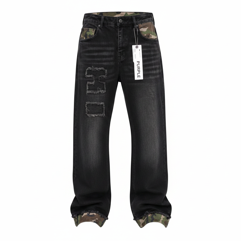 Men's Black Camo Detail Wide-Leg Distressed Denim Jeans – Ghost Mannequin Front View