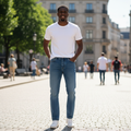 Nigerian model wearing Medium Blue Washed Straight-Leg Classic W-Stitch Jeans