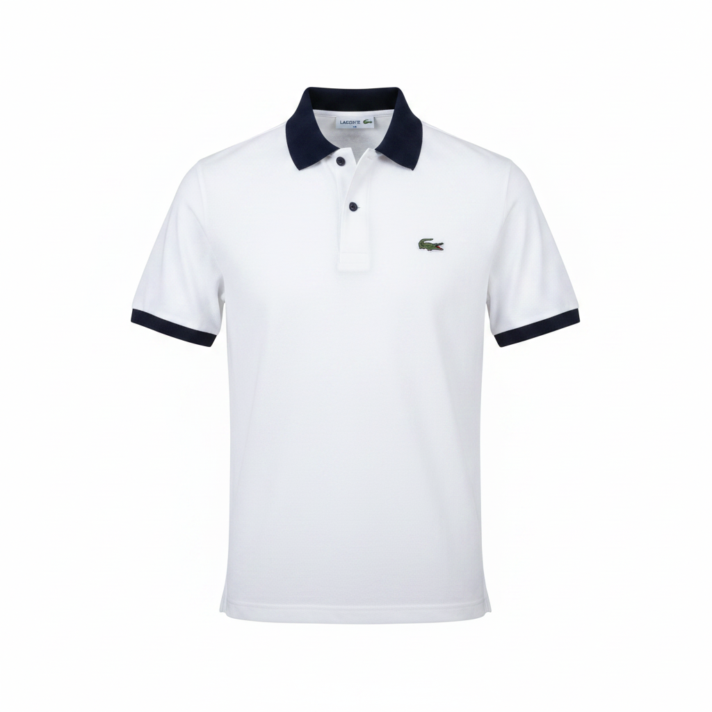 Men's white polo shirt with navy contrast collar and cuffs, ghost mannequin front view