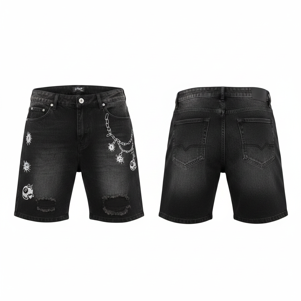 Men's black washed embroidered graphic chain charm denim shorts ghost mannequin front and back view