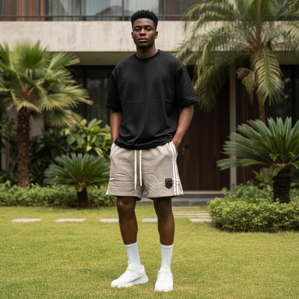 Nigerian male model wearing taupe double-striped crest patch shorts — full body streetwear shot