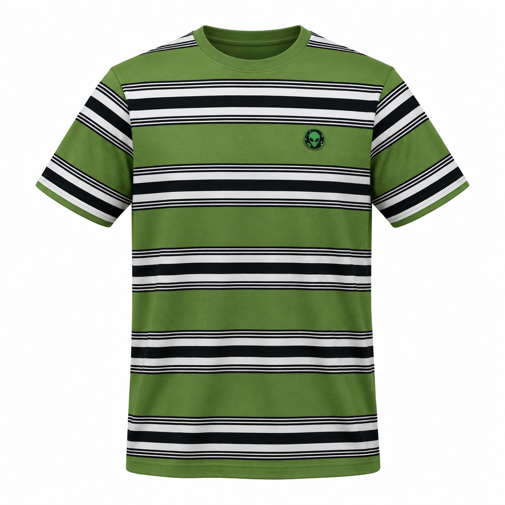 Olive green striped crew neck tee with alien badge ghost mannequin on white background