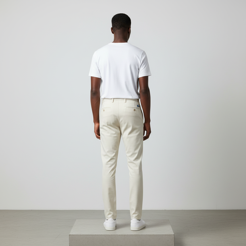 Cream Pleated Tapered Trousers - Model Back