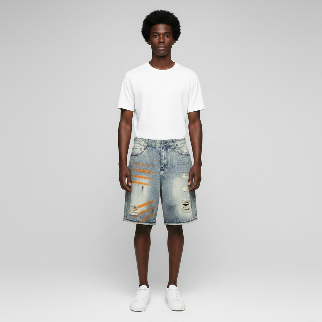 Man wearing the ripped paint stroke denim shorts
