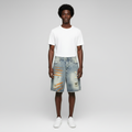 Man wearing the ripped paint stroke denim shorts