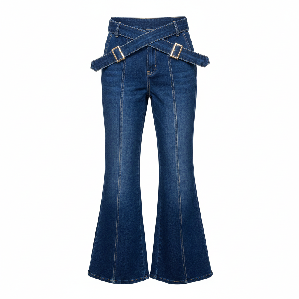 Women's blue high-waist wrap-belt palazzo flare jeans ghost mannequin view