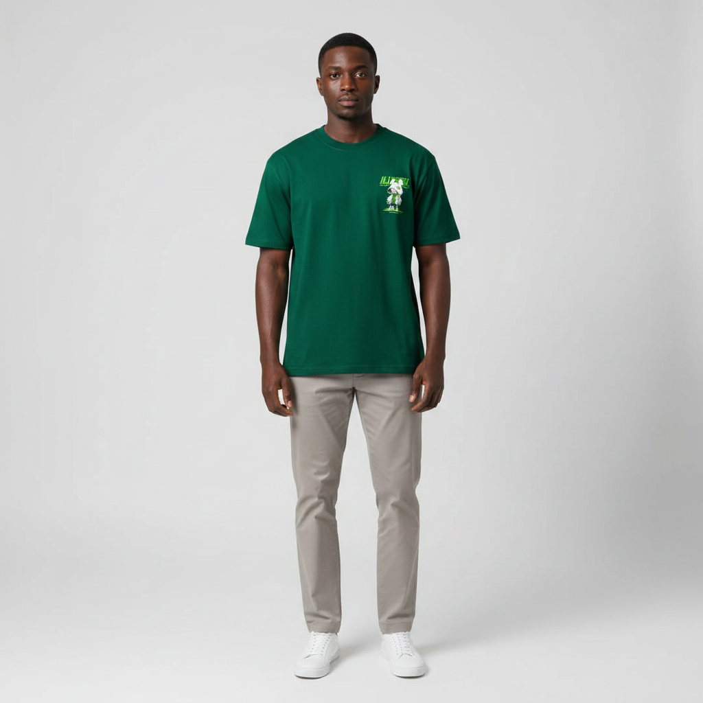Model wearing the green cartoon graphic tee