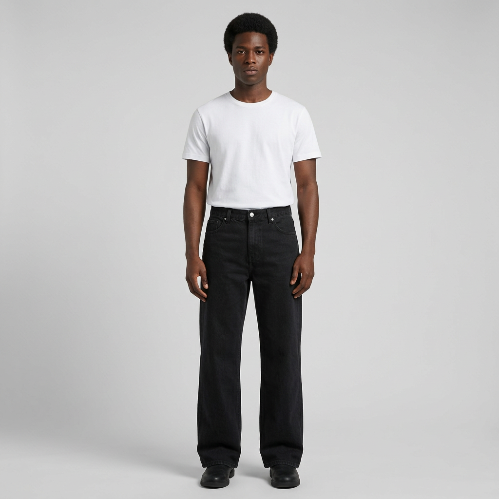 Full-body male model wearing black wide-leg denim jeans