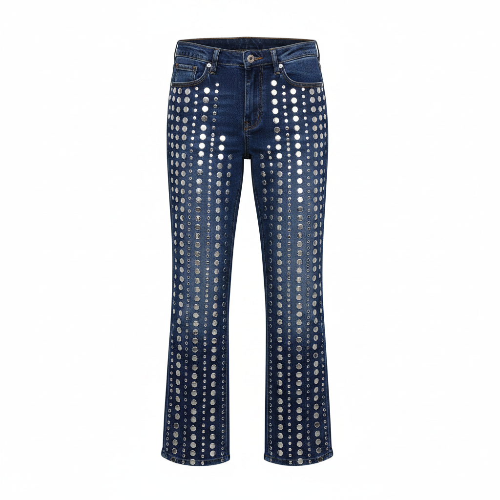 Women's navy blue silver mirror stud embellished jeans — ghost mannequin front view