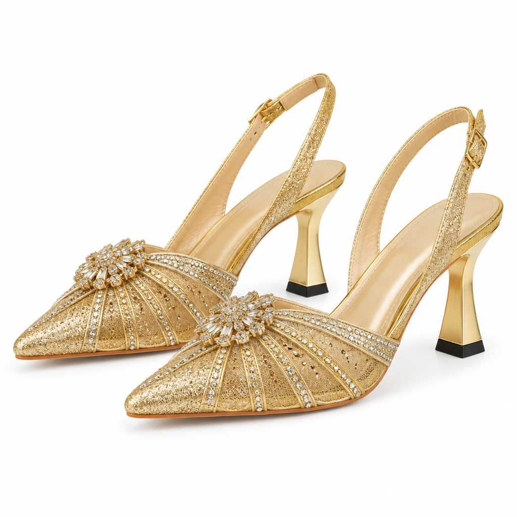 Crystal Brooch Embellished Slingback Heel – Gold