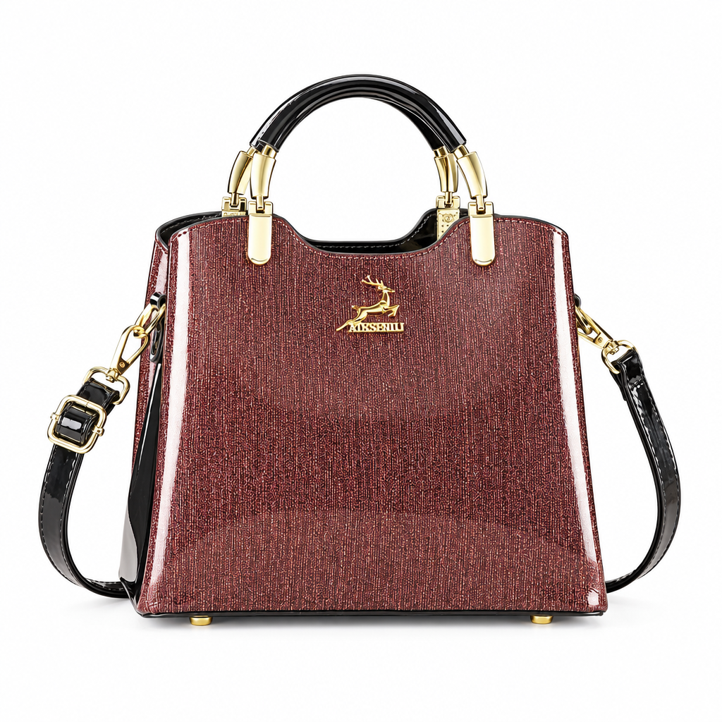 Wine textured structured handbag with black handles on white