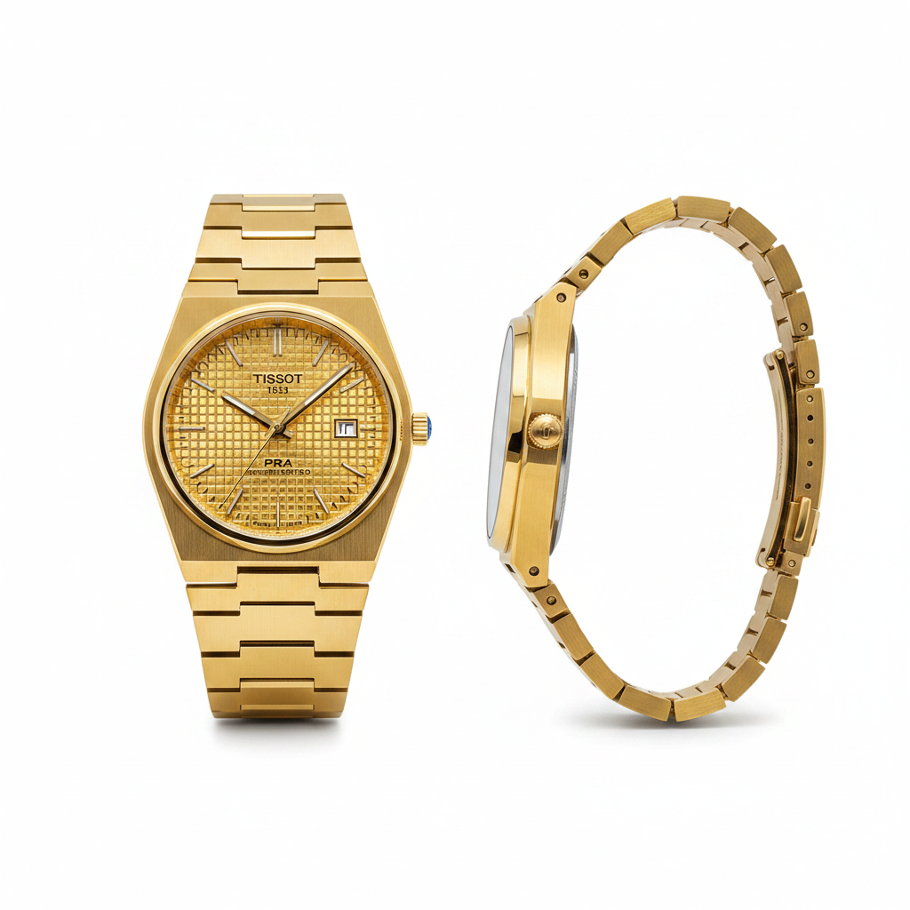 Full gold champagne tapisserie dial dress watch — front and side view