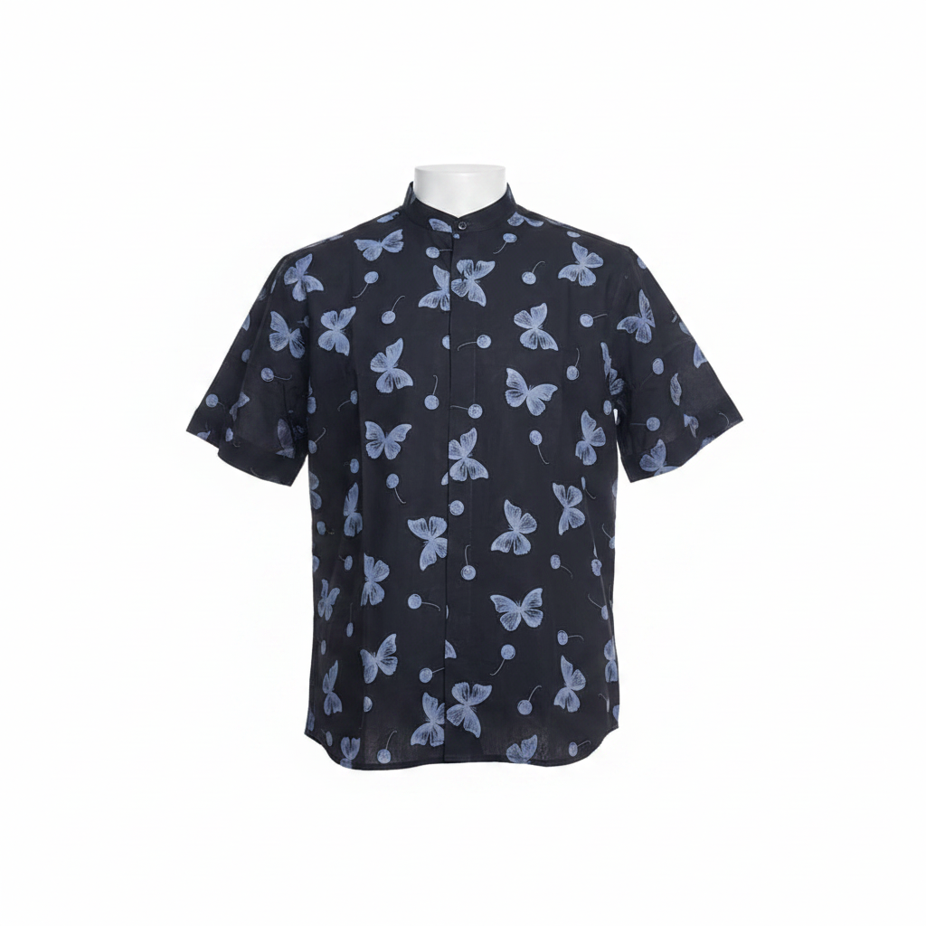 Ghost mannequin of black butterfly and cherry print short-sleeved shirt on white background