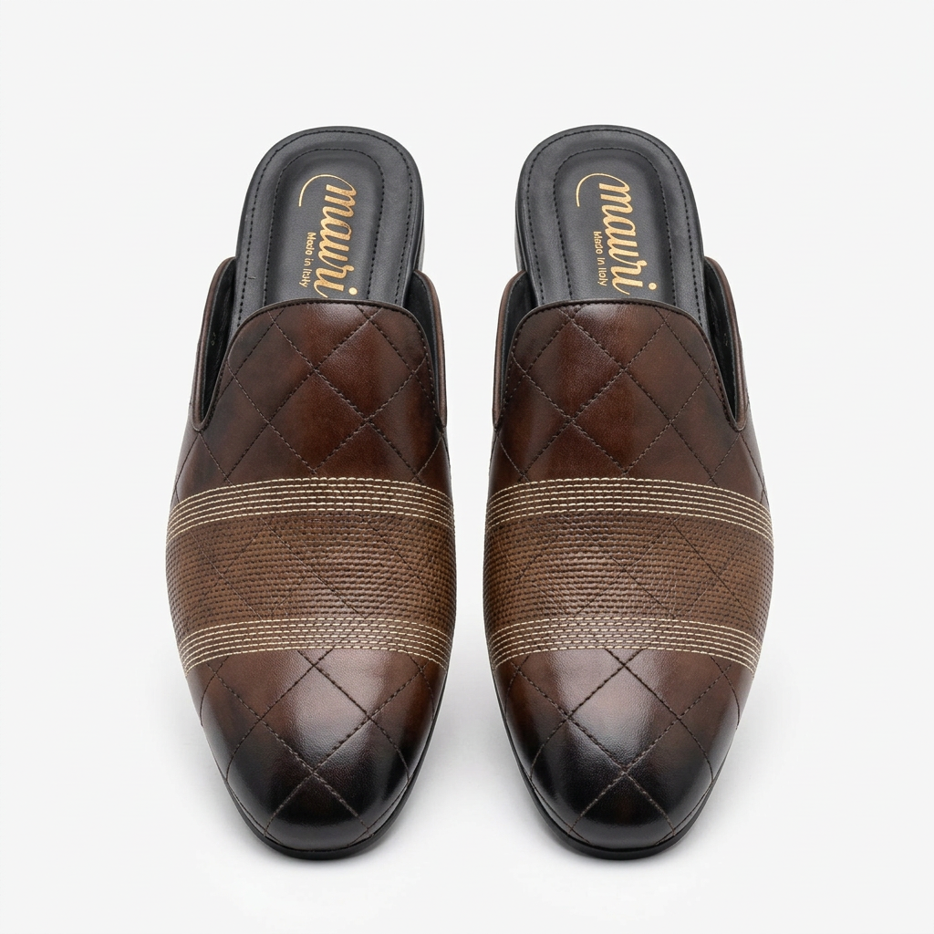 Men’s brown quilted mule shoes with a textured front band