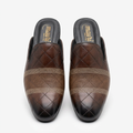 Men’s brown quilted mule shoes with a textured front band
