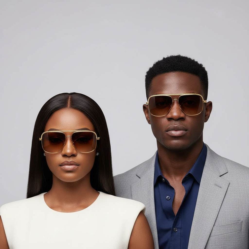 Nigerian female with sleek weavon and male model wearing luxury gold square navigator sunglasses with white temple and gradient amber lens – editorial medium shot professional grey background