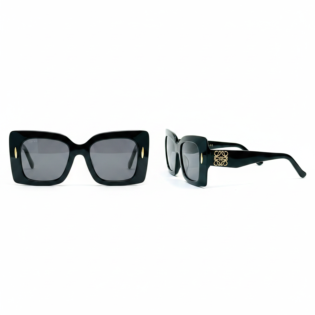 Ghost mannequin view — Oversized Square Cat-Eye Sunglasses Black Gold, front and side view