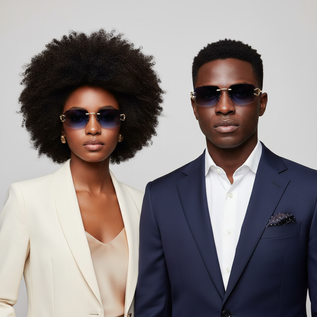 Nigerian styled female and male models wearing rimless gold bridge rectangular sunglasses with gradient blue lenses – editorial medium shot professional grey background