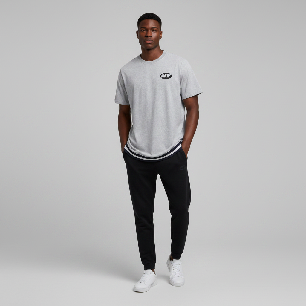 Young Nigerian male wearing light grey NY Jets collegiate striped hem oversized tee