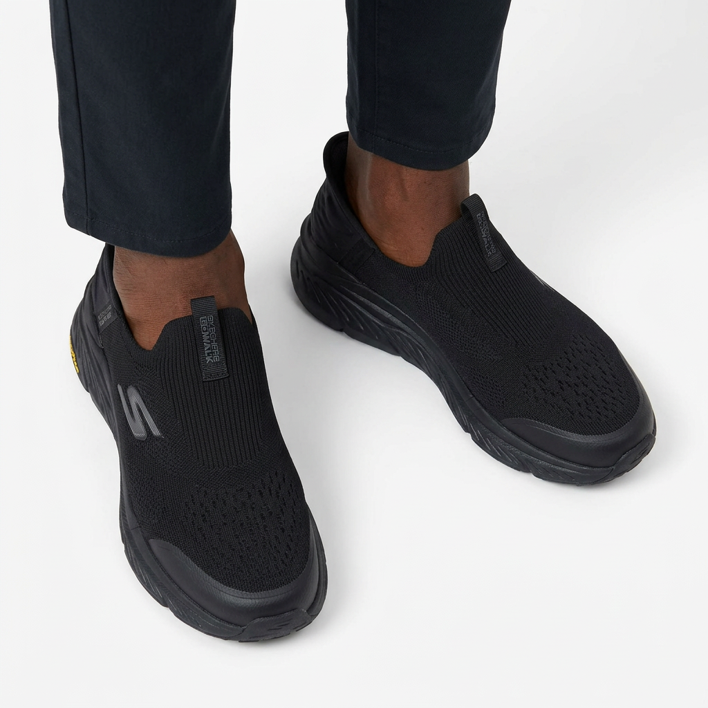 Model wearing men's black knit slip-on trainers with sculpted black soles