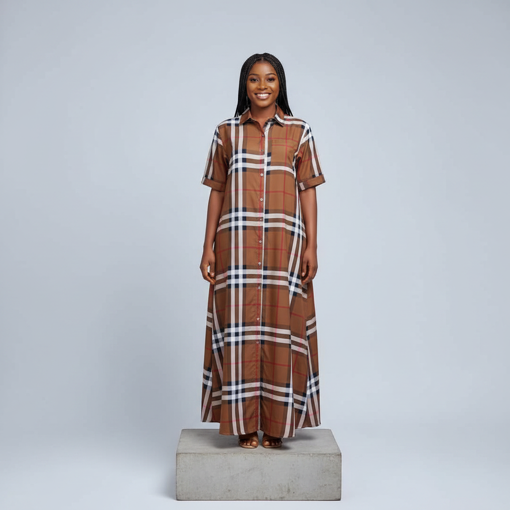 Nigerian female model wearing Brown Tartan Plaid Maxi Shirt Dress - front view