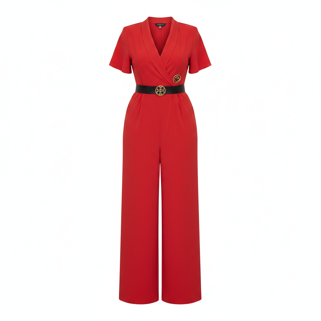Women's short-sleeve V-neck belted wide-leg jumpsuit in red – ghost mannequin front view