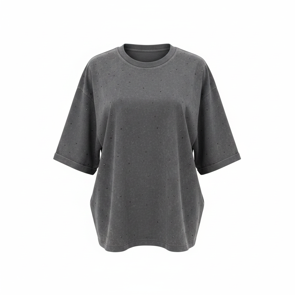 Women's charcoal grey rhinestone oversized tee - ghost mannequin front view