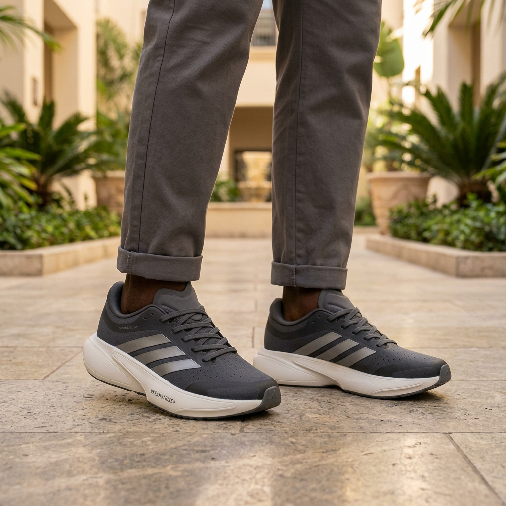 Charcoal and silver sneakers worn with neutral trousers