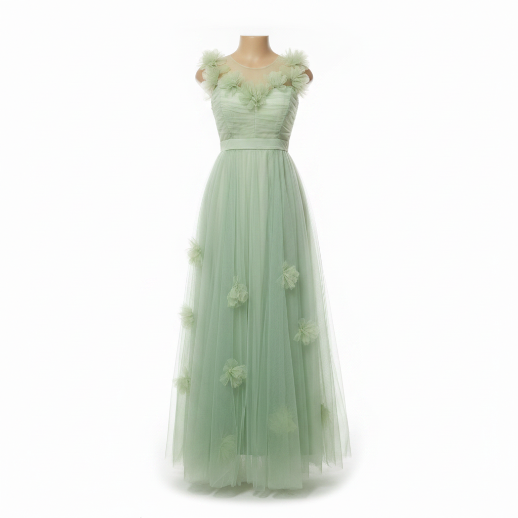 Sage Green 3D Floral Tulle Maxi Gown – Ghost Mannequin