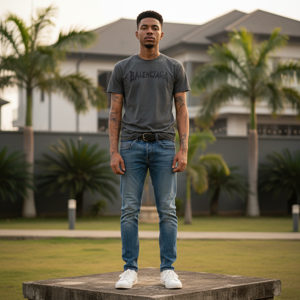 Men's Charcoal Grey Gothic Print Crew Neck T-Shirt – Nigerian Male Model Shot