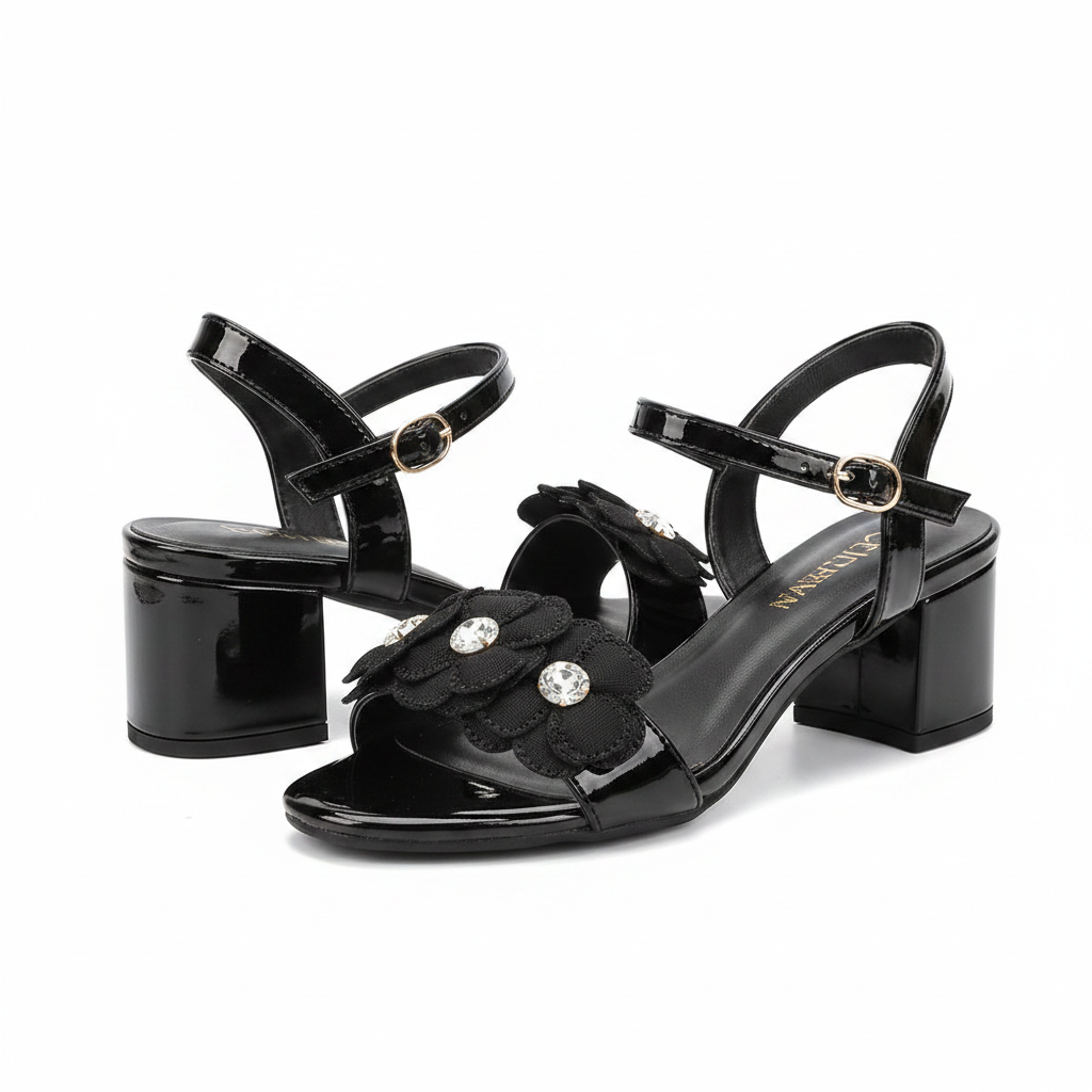 Women's Black Patent Floral Crystal Block Heel Sandal – Ghost Mannequin
