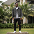 Men's Dark Grey Acid-Washed Denim Padded Bomber Jacket – Nigerian Male Model Shot