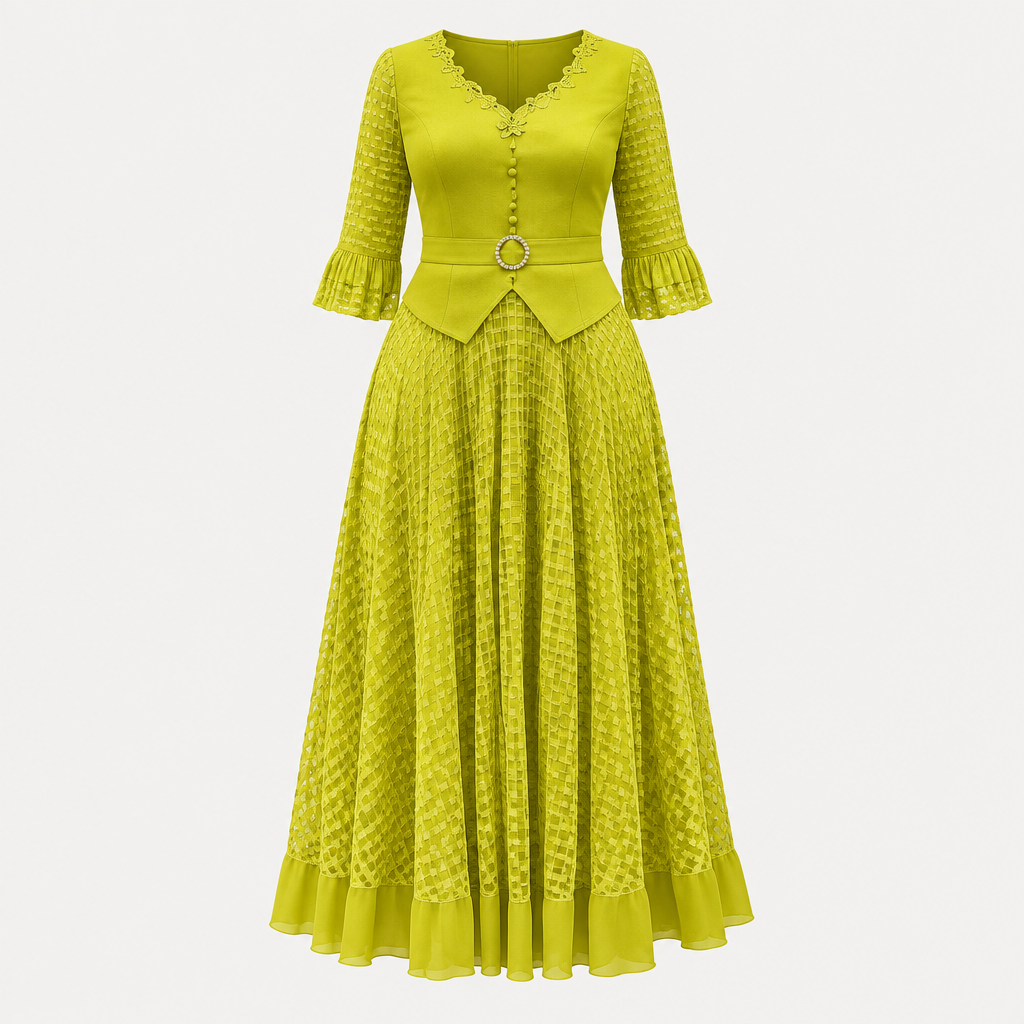 Ghost mannequin view of a chartreuse geometric openwork gown with ruffle sleeves and a belted waist