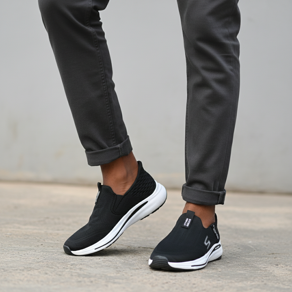 Men's Black Mesh Slip-On Walking Sneaker – Leg Focus Model Shot