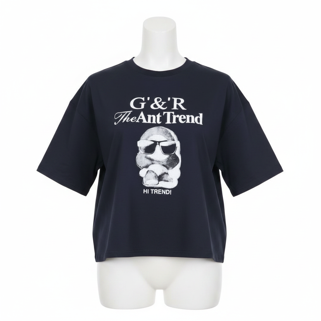 Women's navy blue oversized bulldog graphic crop tee - ghost mannequin front view