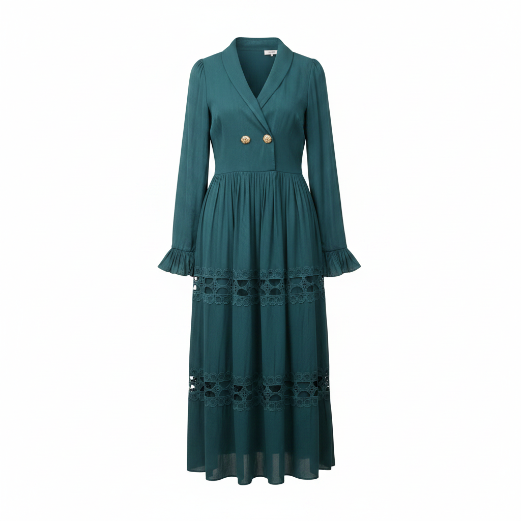 Women's teal long-sleeve ruffle cuff gold button cutwork lace panel midi dress - ghost mannequin front view