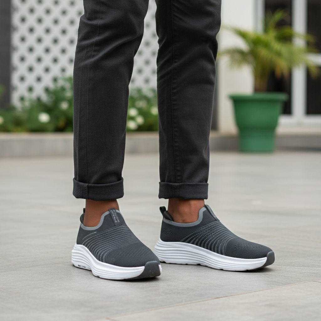 Nigerian male model wearing charcoal grey knit slip-on sneakers with white chunky sole, Gen Z street style leg shot
