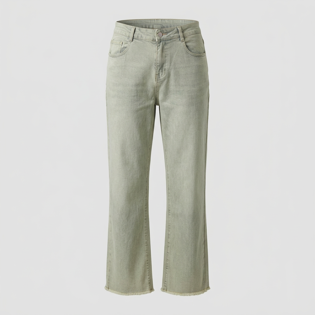 Washed sage green straight-leg jeans, front ghost mannequin view
