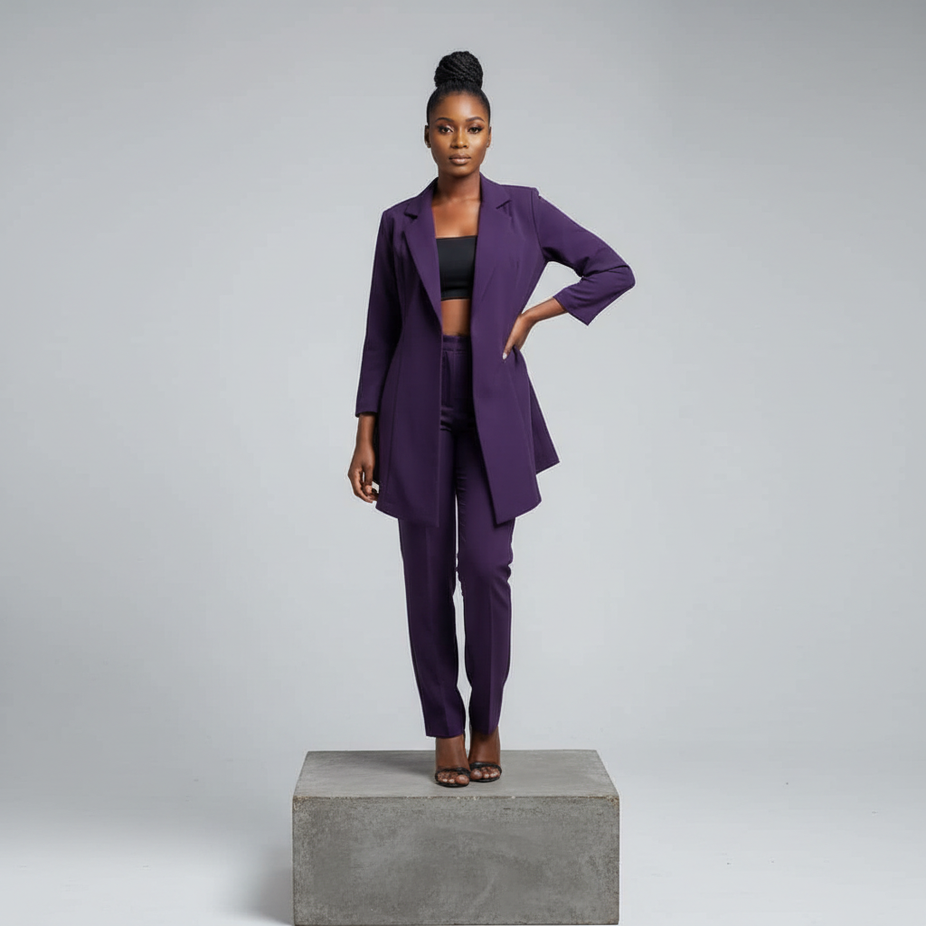 Deep Purple Open-Front Long Blazer - Model Front
