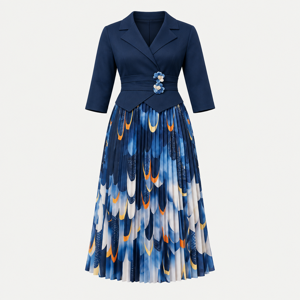 Ghost mannequin view of a navy pleated gown with floral waist accents and an abstract-print skirt