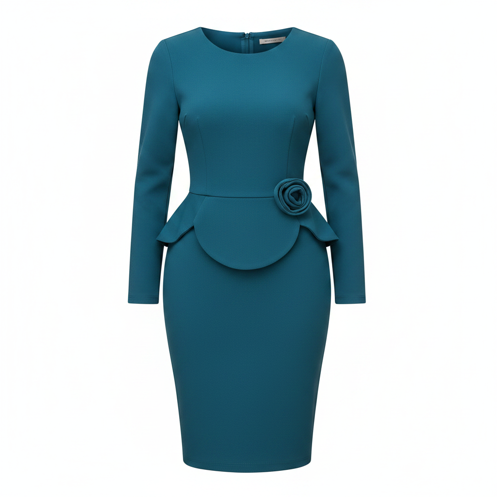 Women's Teal Long-Sleeve Peplum Rosette Bodycon Midi Dress - Ghost Mannequin