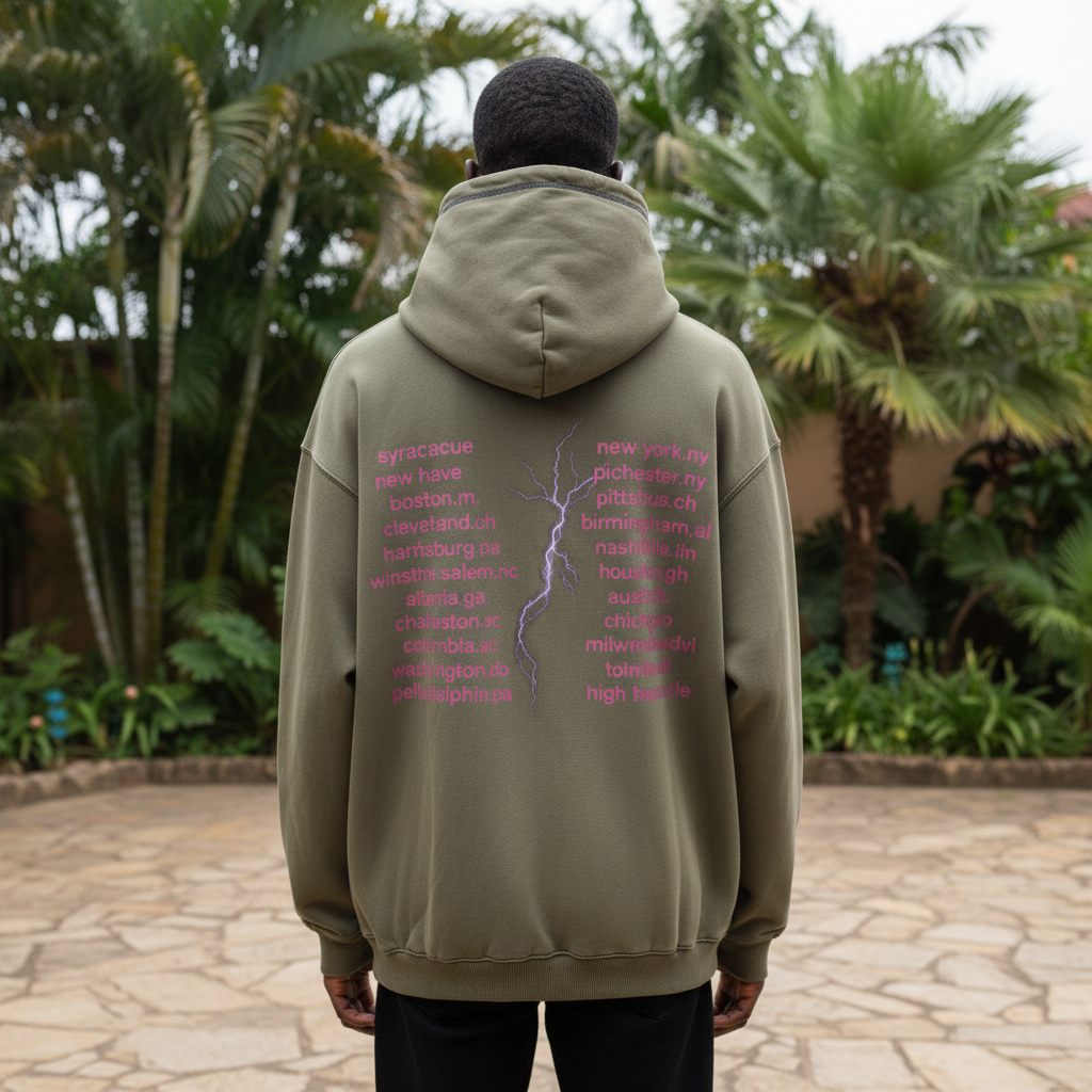 Olive lightning city hoodie back view on Nigerian male model