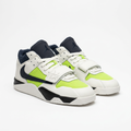 Pair of white and lime green strap sneakers on a white background